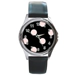 Polka Dots - Misty Rose Pink on Black Round Metal Watch
