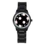 Polka Dots - Misty Rose Pink on Black Stainless Steel Round Watch