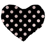 Polka Dots - Misty Rose Pink on Black Large 19  Premium Flano Heart Shape Cushion