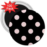 Polka Dots - Misty Rose Pink on Black 3  Magnet (100 pack)