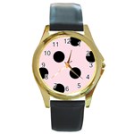 Polka Dots - Black on Piggy Pink Round Gold Metal Watch
