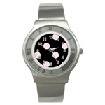 Polka Dots - Piggy Pink on Black Stainless Steel Watch