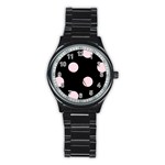 Polka Dots - Piggy Pink on Black Stainless Steel Round Watch