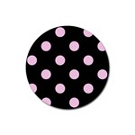 Polka Dots - Classic Rose Pink on Black Rubber Coaster (Round)