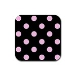 Polka Dots - Classic Rose Pink on Black Rubber Coaster (Square)