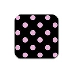 Polka Dots - Classic Rose Pink on Black Rubber Square Coaster (4 pack)
