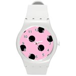 Polka Dots - Black on Cotton Candy Pink Round Plastic Sport Watch (M)