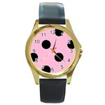 Polka Dots - Black on Cotton Candy Pink Round Gold Metal Watch