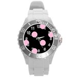 Polka Dots - Cotton Candy Pink on Black Round Plastic Sport Watch (L)