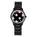Polka Dots - Cotton Candy Pink on Black Stainless Steel Round Watch