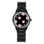 Polka Dots - Light Pink on Black Stainless Steel Round Watch