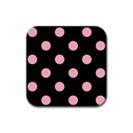 Polka Dots - Light Pink on Black Rubber Coaster (Square)