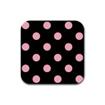 Polka Dots - Light Pink on Black Rubber Square Coaster (4 pack)
