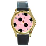 Polka Dots - Black on Pink Round Gold Metal Watch