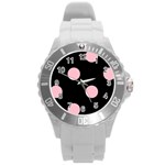 Polka Dots - Pink on Black Round Plastic Sport Watch (L)