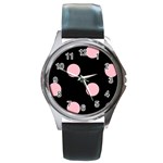 Polka Dots - Pink on Black Round Metal Watch