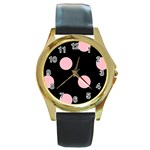Polka Dots - Pink on Black Round Gold Metal Watch