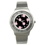 Polka Dots - Pink on Black Stainless Steel Watch