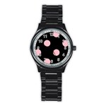 Polka Dots - Pink on Black Stainless Steel Round Watch