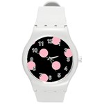 Polka Dots - Cherry Blossom Pink on Black Round Plastic Sport Watch (M)