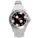 Polka Dots - Cherry Blossom Pink on Black Round Plastic Sport Watch (L)