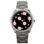 Polka Dots - Cherry Blossom Pink on Black Sport Metal Watch