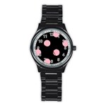 Polka Dots - Cherry Blossom Pink on Black Stainless Steel Round Watch