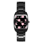 Polka Dots - Cherry Blossom Pink on Black Stainless Steel Barrel Watch