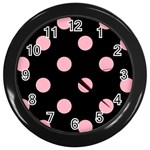 Polka Dots - Cherry Blossom Pink on Black Wall Clock (Black)