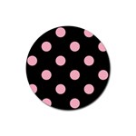 Polka Dots - Cherry Blossom Pink on Black Rubber Round Coaster (4 pack)