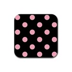 Polka Dots - Cherry Blossom Pink on Black Rubber Coaster (Square)