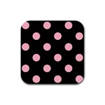 Polka Dots - Cherry Blossom Pink on Black Rubber Square Coaster (4 pack)
