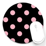 Polka Dots - Cherry Blossom Pink on Black Round Mousepad