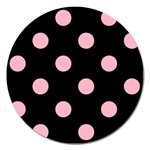 Polka Dots - Cherry Blossom Pink on Black Magnet 5  (Round)