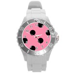 Polka Dots - Black on Flamingo Pink Round Plastic Sport Watch (L)