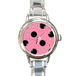 Polka Dots - Black on Flamingo Pink Round Italian Charm Watch