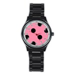 Polka Dots - Black on Flamingo Pink Stainless Steel Round Watch