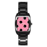 Polka Dots - Black on Flamingo Pink Stainless Steel Barrel Watch