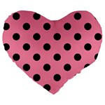 Polka Dots - Black on Flamingo Pink Large 19  Premium Heart Shape Cushion