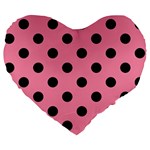 Polka Dots - Black on Flamingo Pink Large 19  Premium Flano Heart Shape Cushion
