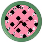 Polka Dots - Black on Flamingo Pink Color Wall Clock