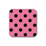 Polka Dots - Black on Flamingo Pink Rubber Coaster (Square)
