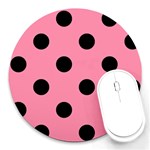 Polka Dots - Black on Flamingo Pink Round Mousepad