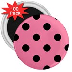Polka Dots - Black on Flamingo Pink 3  Magnet (100 pack)