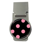 Polka Dots - Flamingo Pink on Black Money Clip (Round)