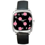 Polka Dots - Flamingo Pink on Black Square Metal Watch