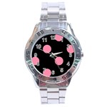 Polka Dots - Flamingo Pink on Black Stainless Steel Analogue Watch