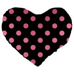 Polka Dots - Flamingo Pink on Black Large 19  Premium Heart Shape Cushion