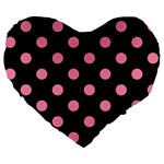 Polka Dots - Flamingo Pink on Black Large 19  Premium Flano Heart Shape Cushion