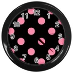 Polka Dots - Flamingo Pink on Black Wall Clock (Black)